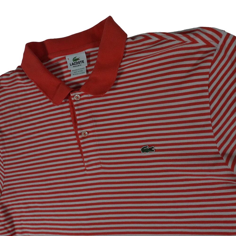 Lacoste Crocodile Mesh Cotton Red White Striped Peru Polo Shirt Men's 8 US XL